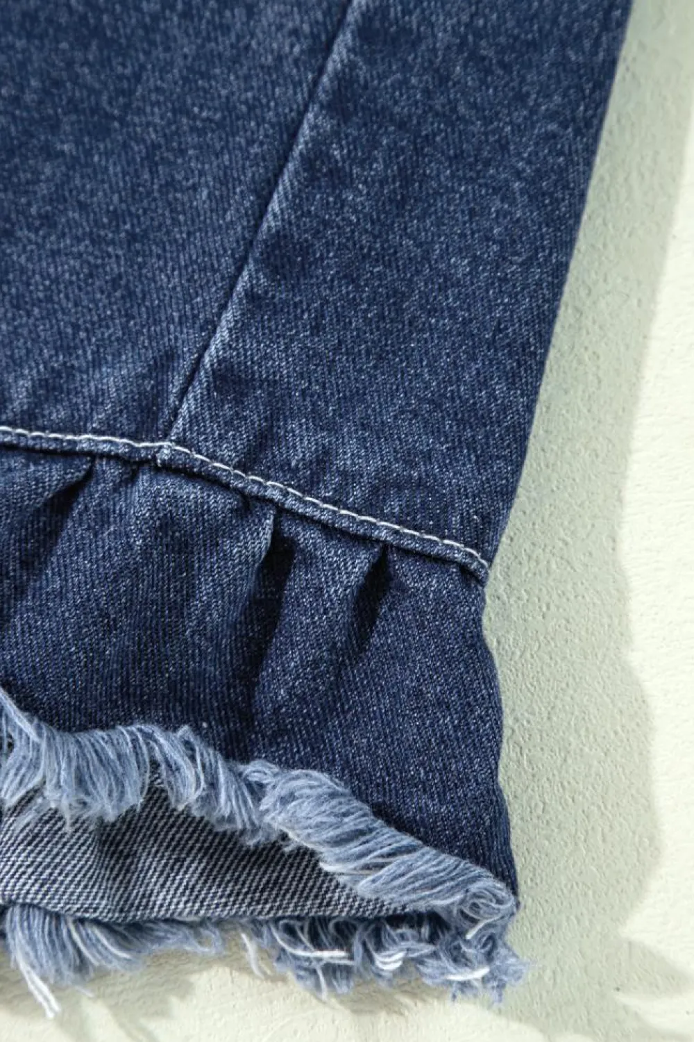Hot Dear-Lover Ruffle Raw Hem Flap Pockets Denim Jacket Navy Blue
