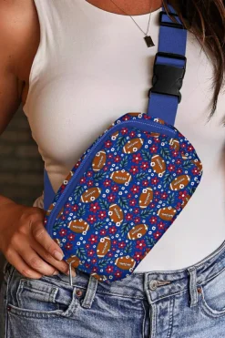 Fashion Dear-Lover Rugby Football Flower Print Zipped Inclined Shoulder Bag Navy Blue