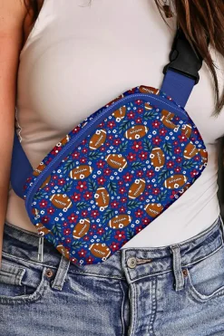 Fashion Dear-Lover Rugby Football Flower Print Zipped Inclined Shoulder Bag Navy Blue
