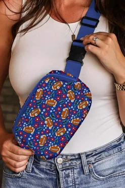 Fashion Dear-Lover Rugby Football Flower Print Zipped Inclined Shoulder Bag Navy Blue