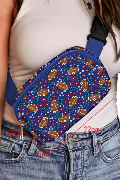 Fashion Dear-Lover Rugby Football Flower Print Zipped Inclined Shoulder Bag Navy Blue