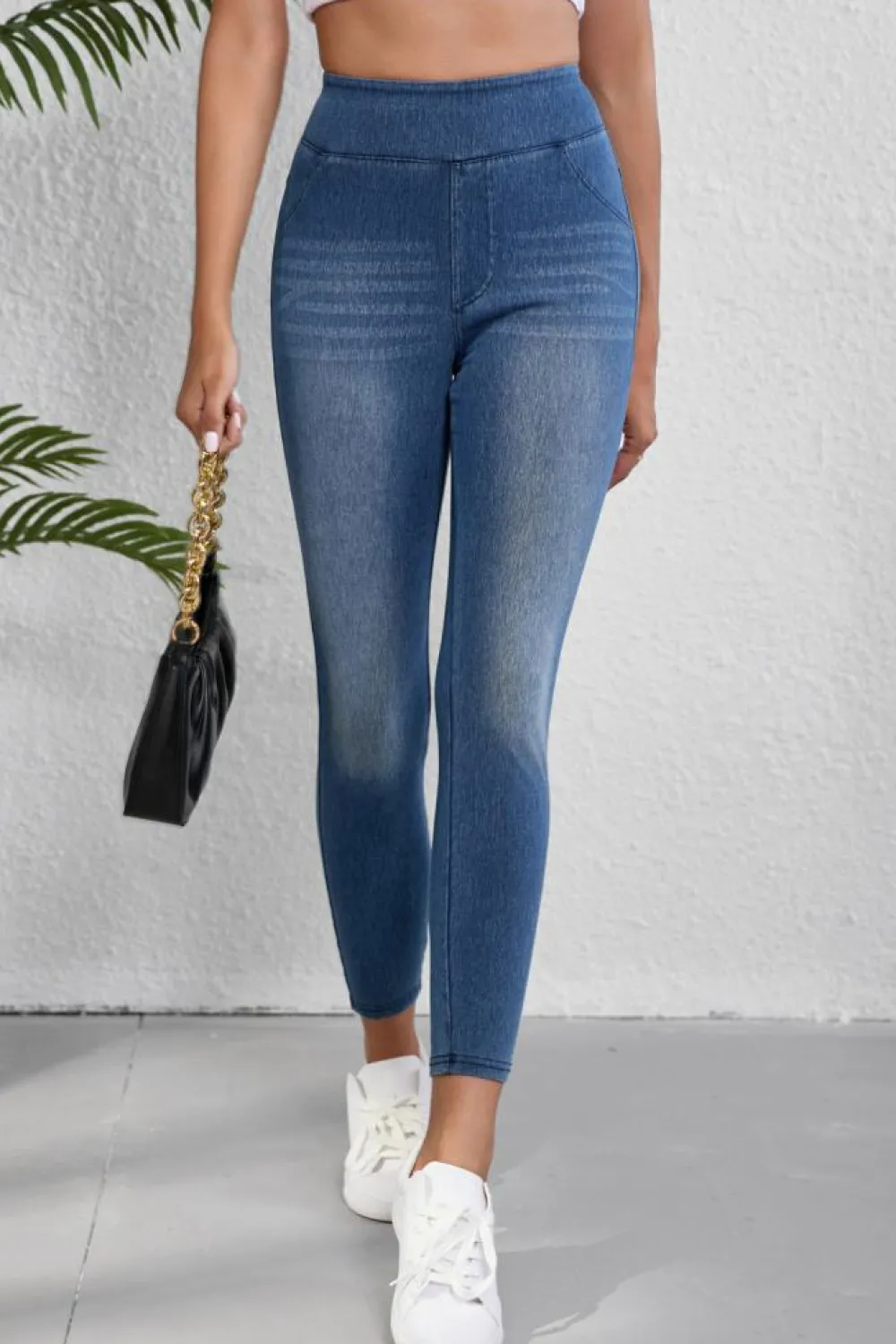 Outlet Dear-Lover Skinny Elastic Waist Ankle Length Mid Waist Jeggings with Pockets Navy Blue