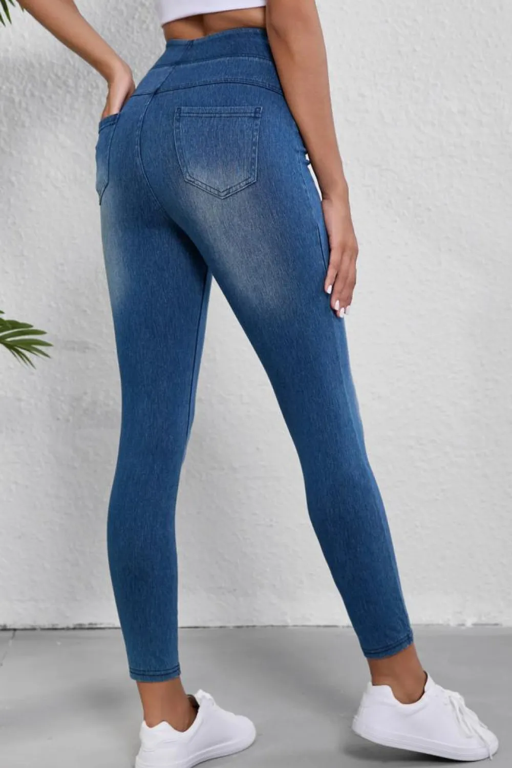 Outlet Dear-Lover Skinny Elastic Waist Ankle Length Mid Waist Jeggings with Pockets Navy Blue