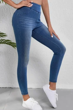 Outlet Dear-Lover Skinny Elastic Waist Ankle Length Mid Waist Jeggings with Pockets Navy Blue