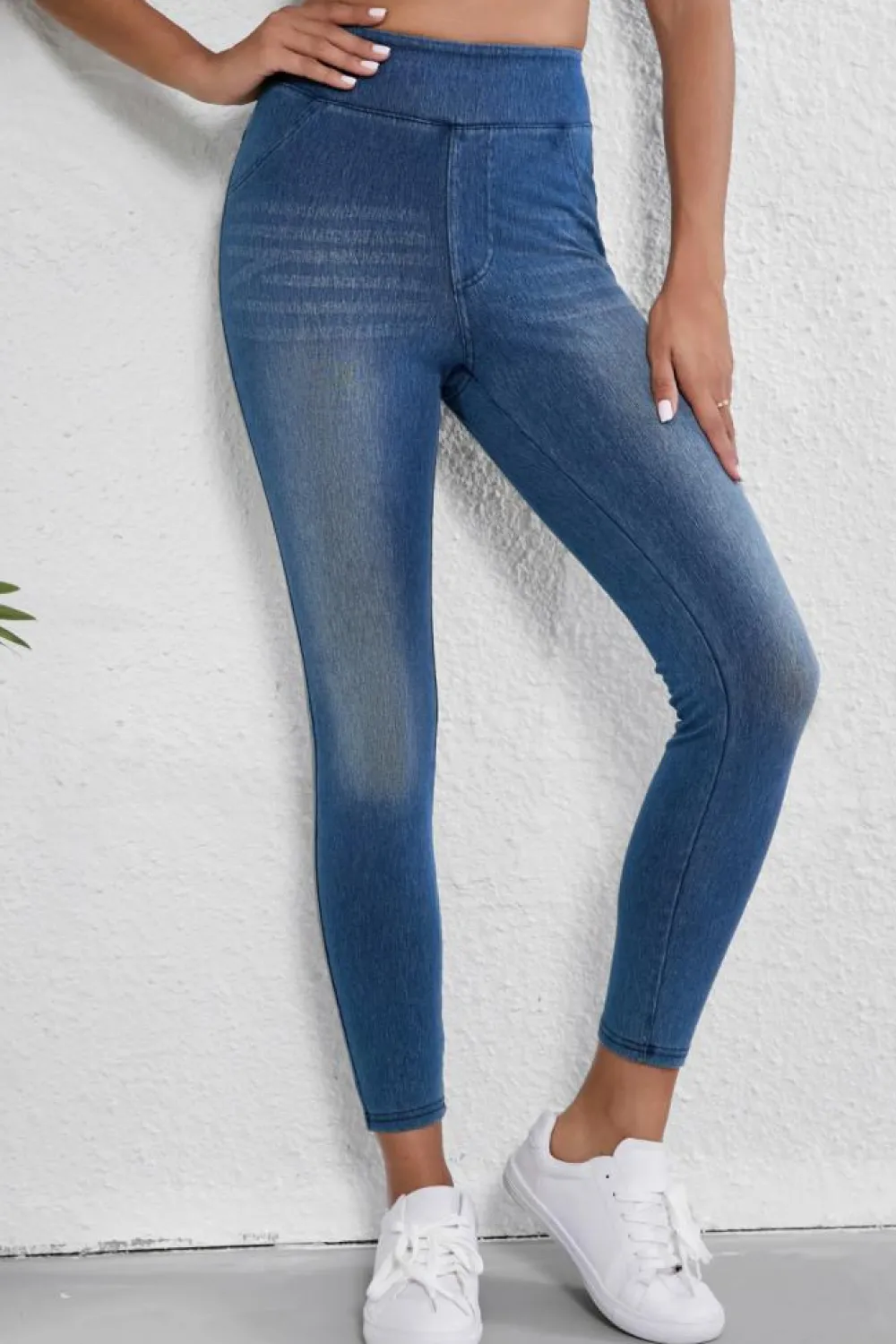 Outlet Dear-Lover Skinny Elastic Waist Ankle Length Mid Waist Jeggings with Pockets Navy Blue