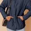 Fashion Dear-Lover Snap Button Quilted Puffer Jacket Navy Blue