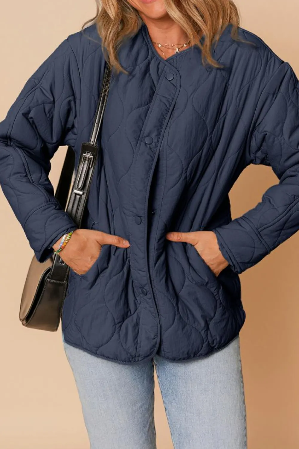 Fashion Dear-Lover Snap Button Quilted Puffer Jacket Navy Blue