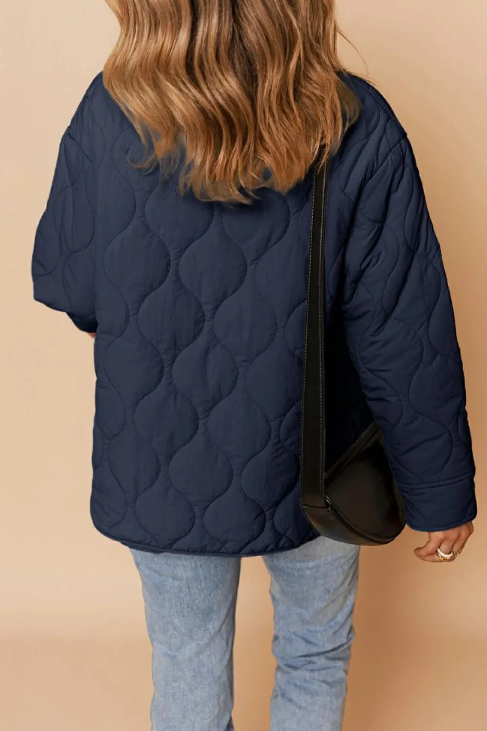 Fashion Dear-Lover Snap Button Quilted Puffer Jacket Navy Blue