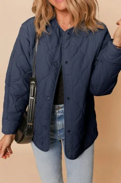 Fashion Dear-Lover Snap Button Quilted Puffer Jacket Navy Blue