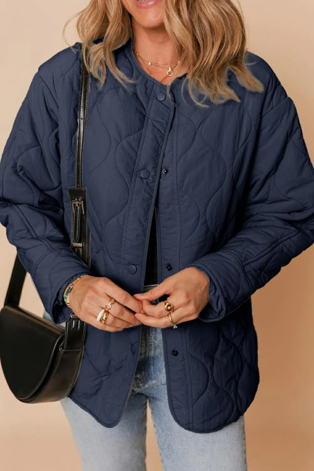Fashion Dear-Lover Snap Button Quilted Puffer Jacket Navy Blue