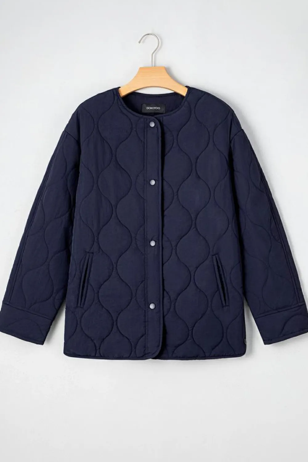Fashion Dear-Lover Snap Button Quilted Puffer Jacket Navy Blue