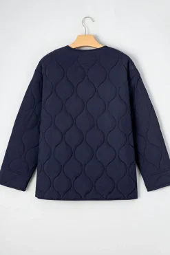 Fashion Dear-Lover Snap Button Quilted Puffer Jacket Navy Blue