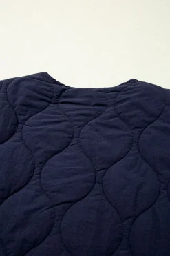 Fashion Dear-Lover Snap Button Quilted Puffer Jacket Navy Blue