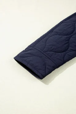 Fashion Dear-Lover Snap Button Quilted Puffer Jacket Navy Blue