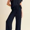Outlet Dear-Lover Solid Color Corded Short Sleeve Top and Casual Pants Set Navy Blue