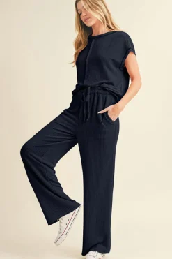 Outlet Dear-Lover Solid Color Corded Short Sleeve Top and Casual Pants Set Navy Blue