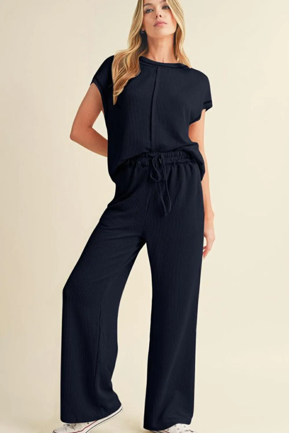 Outlet Dear-Lover Solid Color Corded Short Sleeve Top and Casual Pants Set Navy Blue