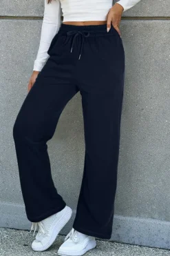 Online Dear-Lover Solid Color Fleece Lined Drawstring Waist Casual Pants Navy Blue