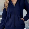 Discount Dear-Lover Solid Color Fleece Lined Zip up Hoodie Navy Blue