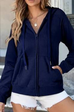 Discount Dear-Lover Solid Color Fleece Lined Zip up Hoodie Navy Blue