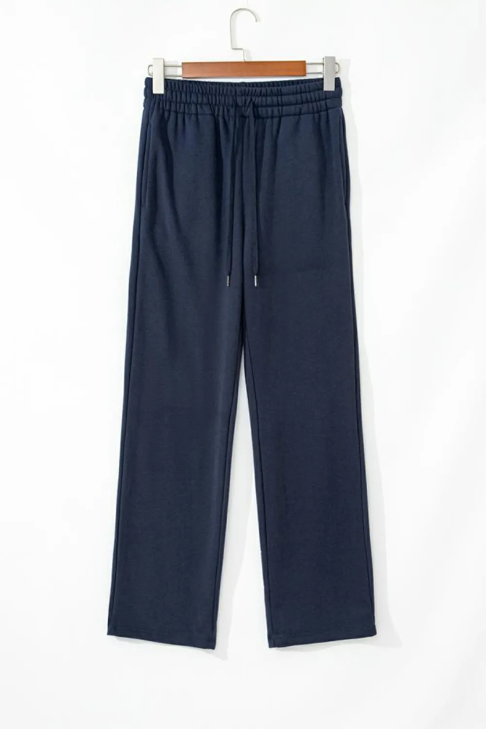 Online Dear-Lover Solid Color Fleece Lined Drawstring Waist Casual Pants Navy Blue