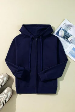 Discount Dear-Lover Solid Color Fleece Lined Zip up Hoodie Navy Blue