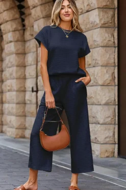 Best Dear-Lover Solid Color Textured Short Sleeve Top and Casual Pants Set Navy Blue
