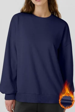 Discount Dear-Lover Solid Fleece Lined Drop Shoulder High Low Sweatshirt Navy Blue
