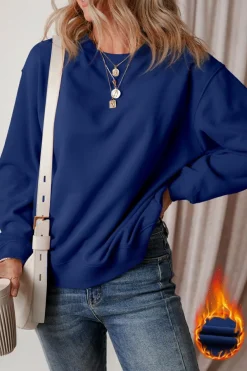New Dear-Lover Solid Fleece Lined Drop Shoulder Terry Sweatshirt Navy Blue