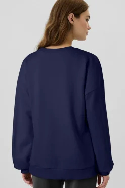 Discount Dear-Lover Solid Fleece Lined Drop Shoulder High Low Sweatshirt Navy Blue