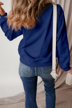 New Dear-Lover Solid Fleece Lined Drop Shoulder Terry Sweatshirt Navy Blue