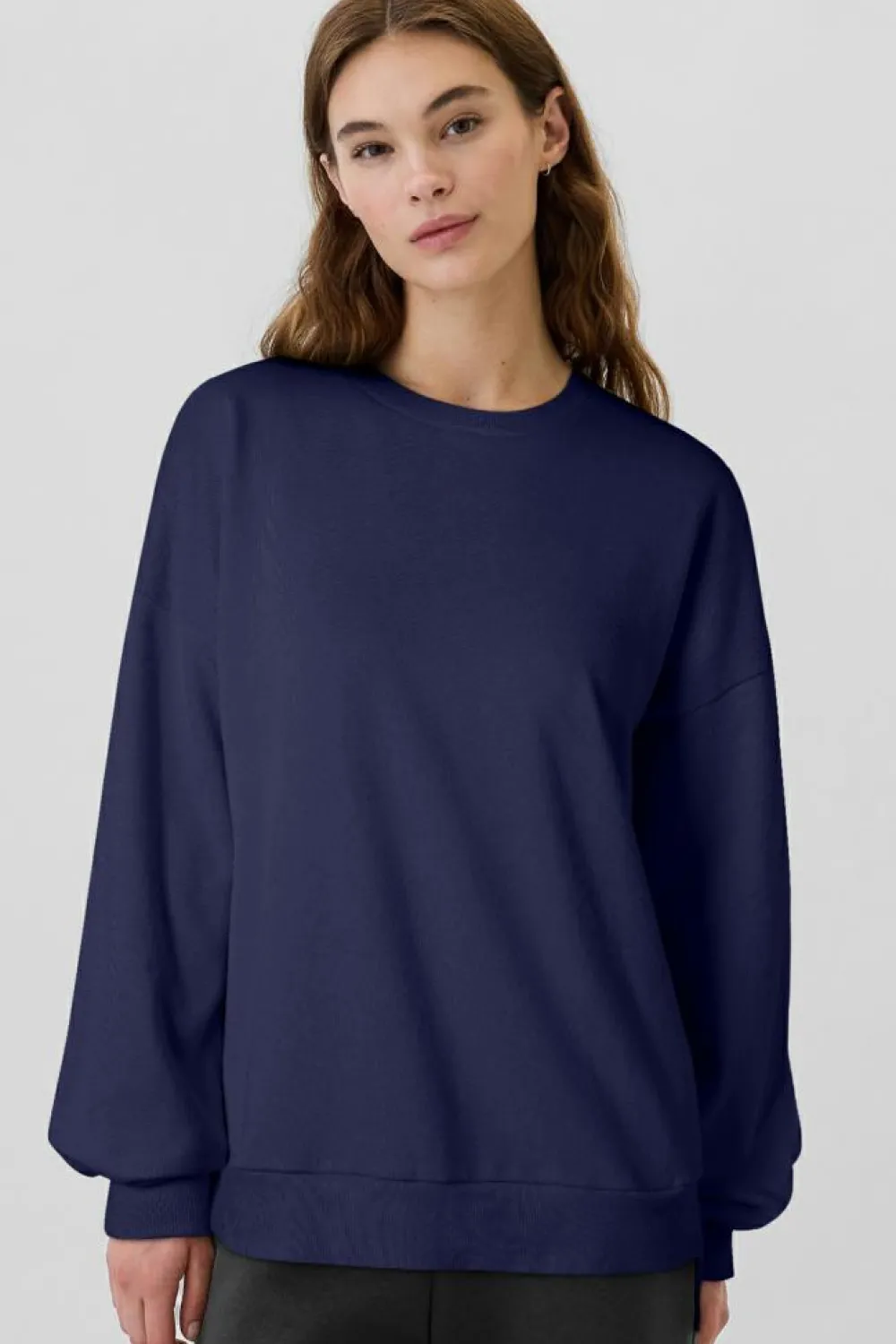 Discount Dear-Lover Solid Fleece Lined Drop Shoulder High Low Sweatshirt Navy Blue