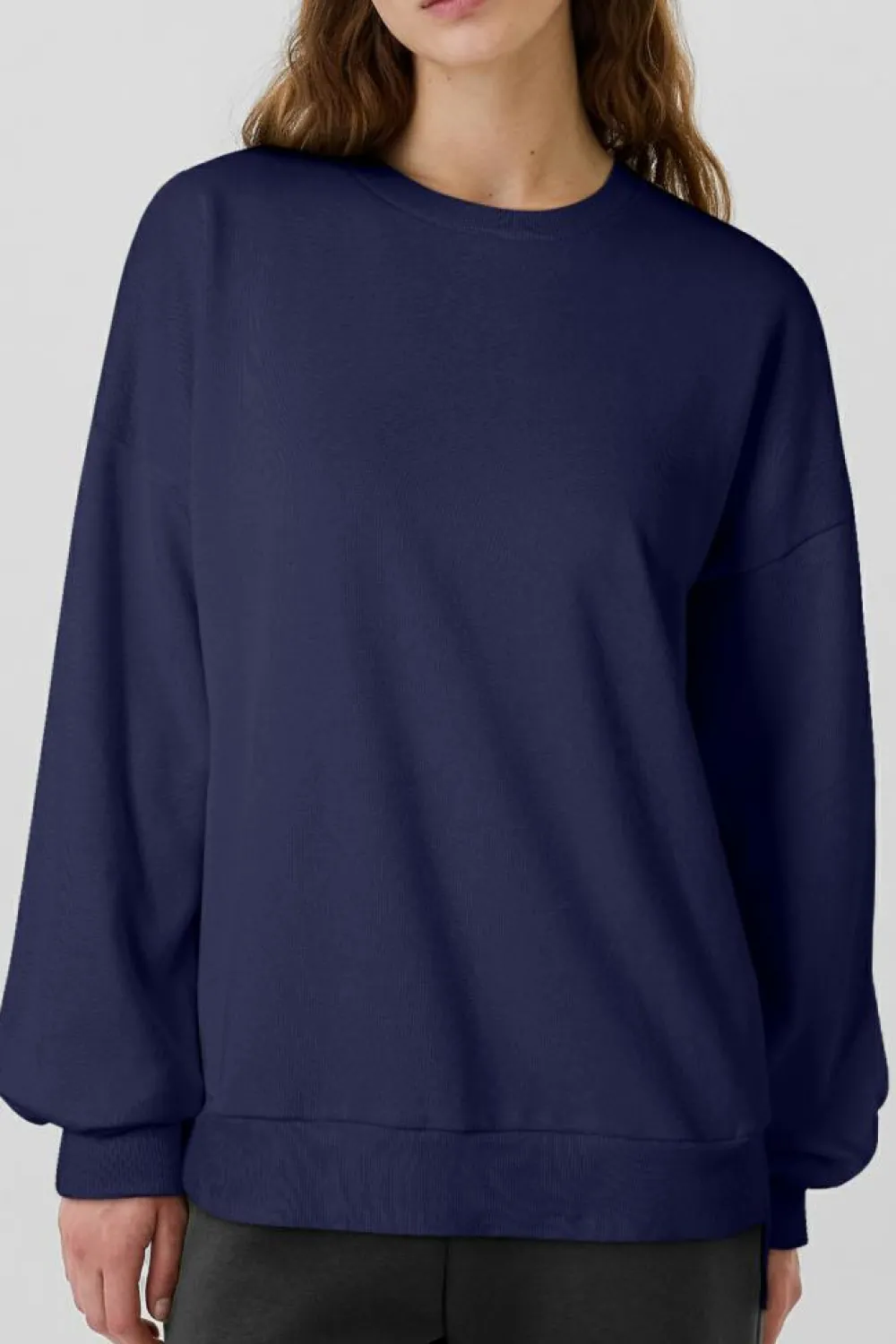 Discount Dear-Lover Solid Fleece Lined Drop Shoulder High Low Sweatshirt Navy Blue