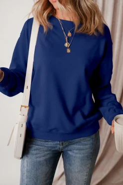 New Dear-Lover Solid Fleece Lined Drop Shoulder Terry Sweatshirt Navy Blue