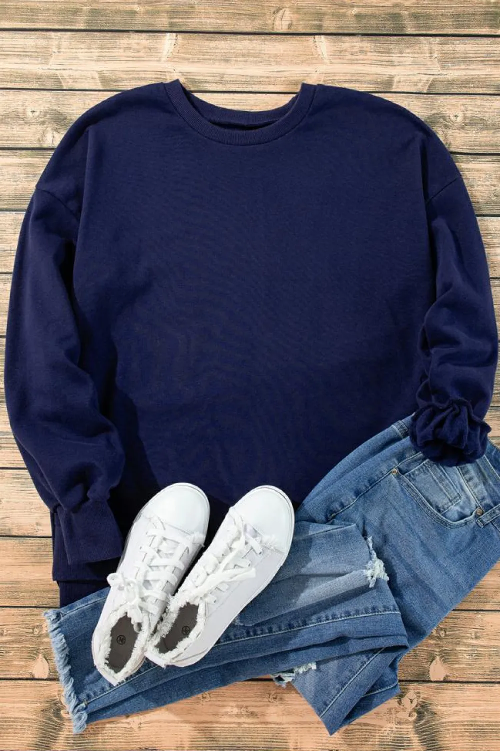 Discount Dear-Lover Solid Fleece Lined Drop Shoulder High Low Sweatshirt Navy Blue
