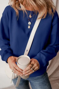 New Dear-Lover Solid Fleece Lined Drop Shoulder Terry Sweatshirt Navy Blue