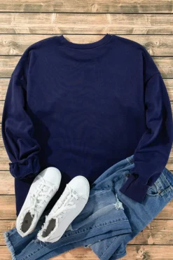 Discount Dear-Lover Solid Fleece Lined Drop Shoulder High Low Sweatshirt Navy Blue