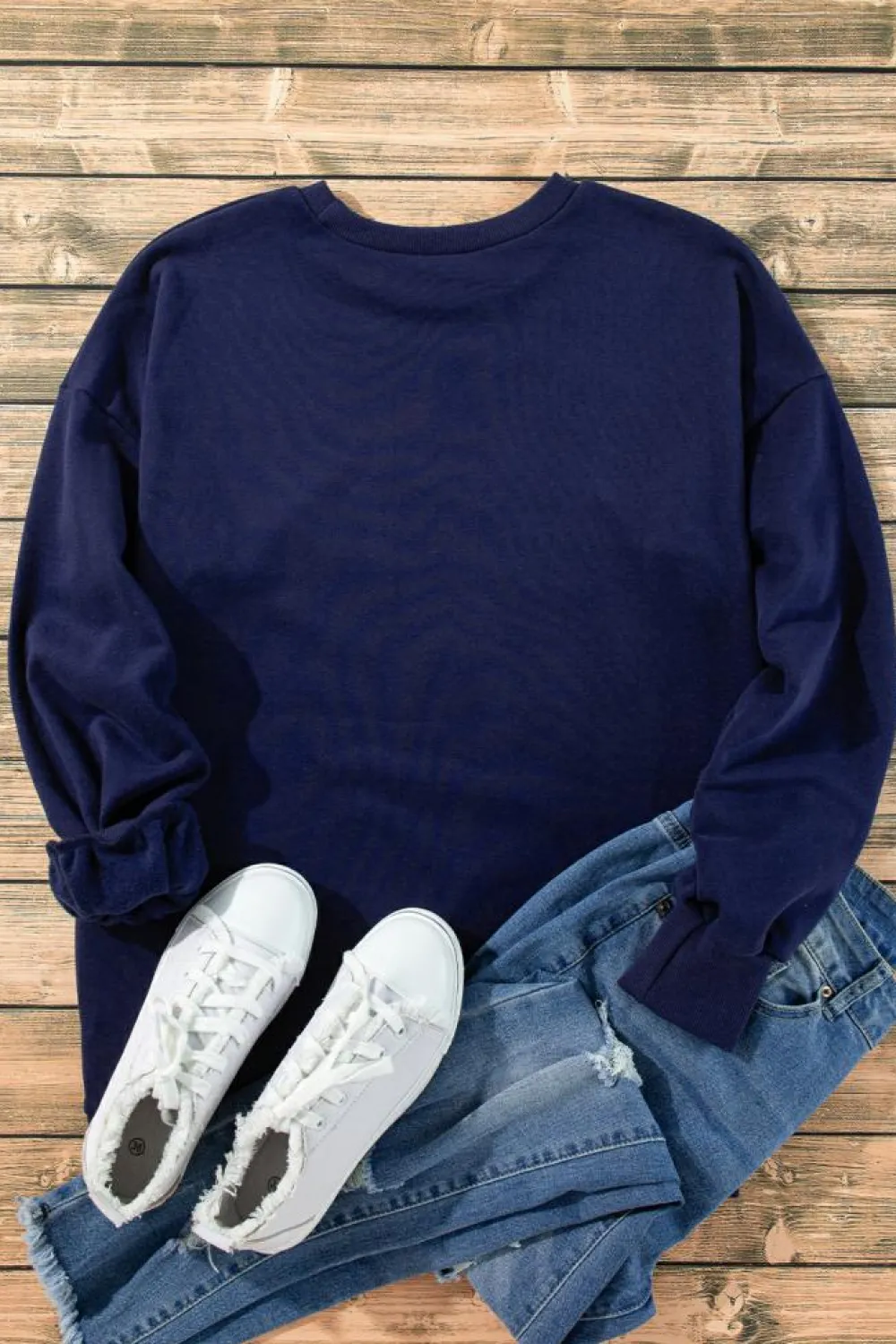 Discount Dear-Lover Solid Fleece Lined Drop Shoulder High Low Sweatshirt Navy Blue