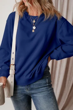 New Dear-Lover Solid Fleece Lined Drop Shoulder Terry Sweatshirt Navy Blue