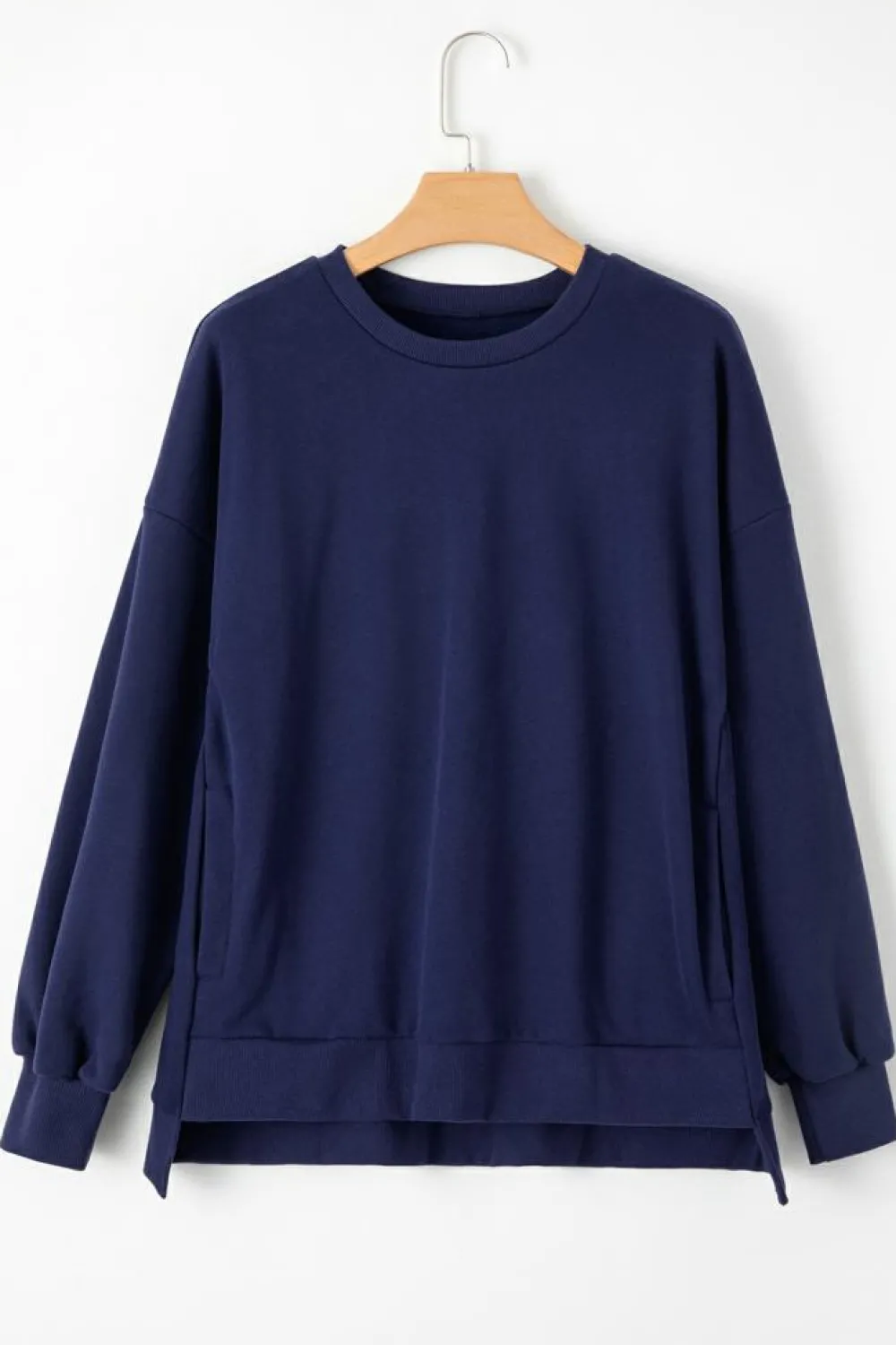 Discount Dear-Lover Solid Fleece Lined Drop Shoulder High Low Sweatshirt Navy Blue