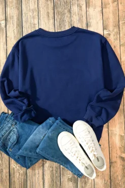 New Dear-Lover Solid Fleece Lined Drop Shoulder Terry Sweatshirt Navy Blue