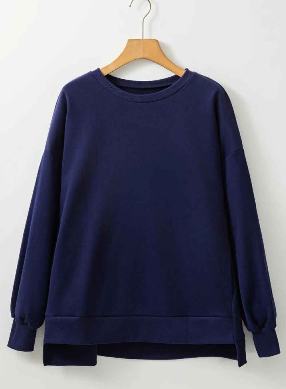 Discount Dear-Lover Solid Fleece Lined Drop Shoulder High Low Sweatshirt Navy Blue