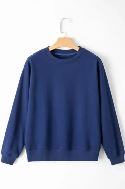 New Dear-Lover Solid Fleece Lined Drop Shoulder Terry Sweatshirt Navy Blue