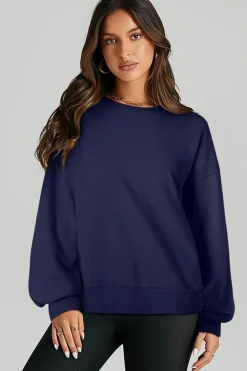 Hot Dear-Lover Solid O Neck High Low Hem Pullover Sweatshirt Navy Blue