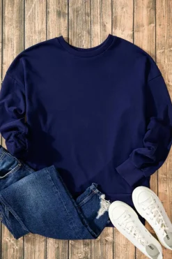 Hot Dear-Lover Solid O Neck High Low Hem Pullover Sweatshirt Navy Blue