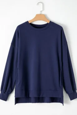 Hot Dear-Lover Solid O Neck High Low Hem Pullover Sweatshirt Navy Blue