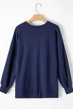 Hot Dear-Lover Solid O Neck High Low Hem Pullover Sweatshirt Navy Blue