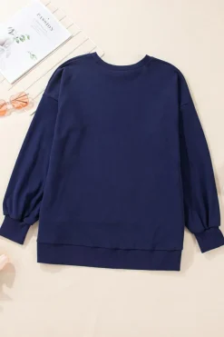 Hot Dear-Lover Solid O Neck High Low Hem Pullover Sweatshirt Navy Blue