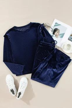 Fashion Dear-Lover Solid Velvet Ruffled Two Piece Pants Set Navy Blue