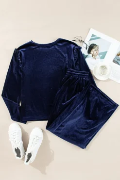 Fashion Dear-Lover Solid Velvet Ruffled Two Piece Pants Set Navy Blue